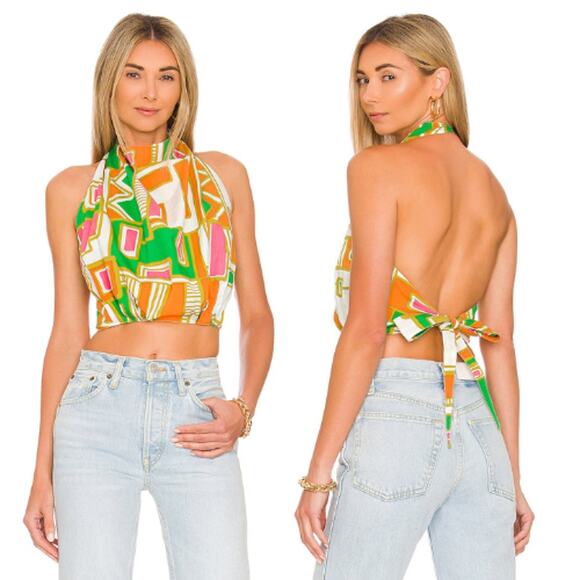 NEW S/W/F Poplin Open Back Tie Halter High Neck Top Solstice Green Pink Orange